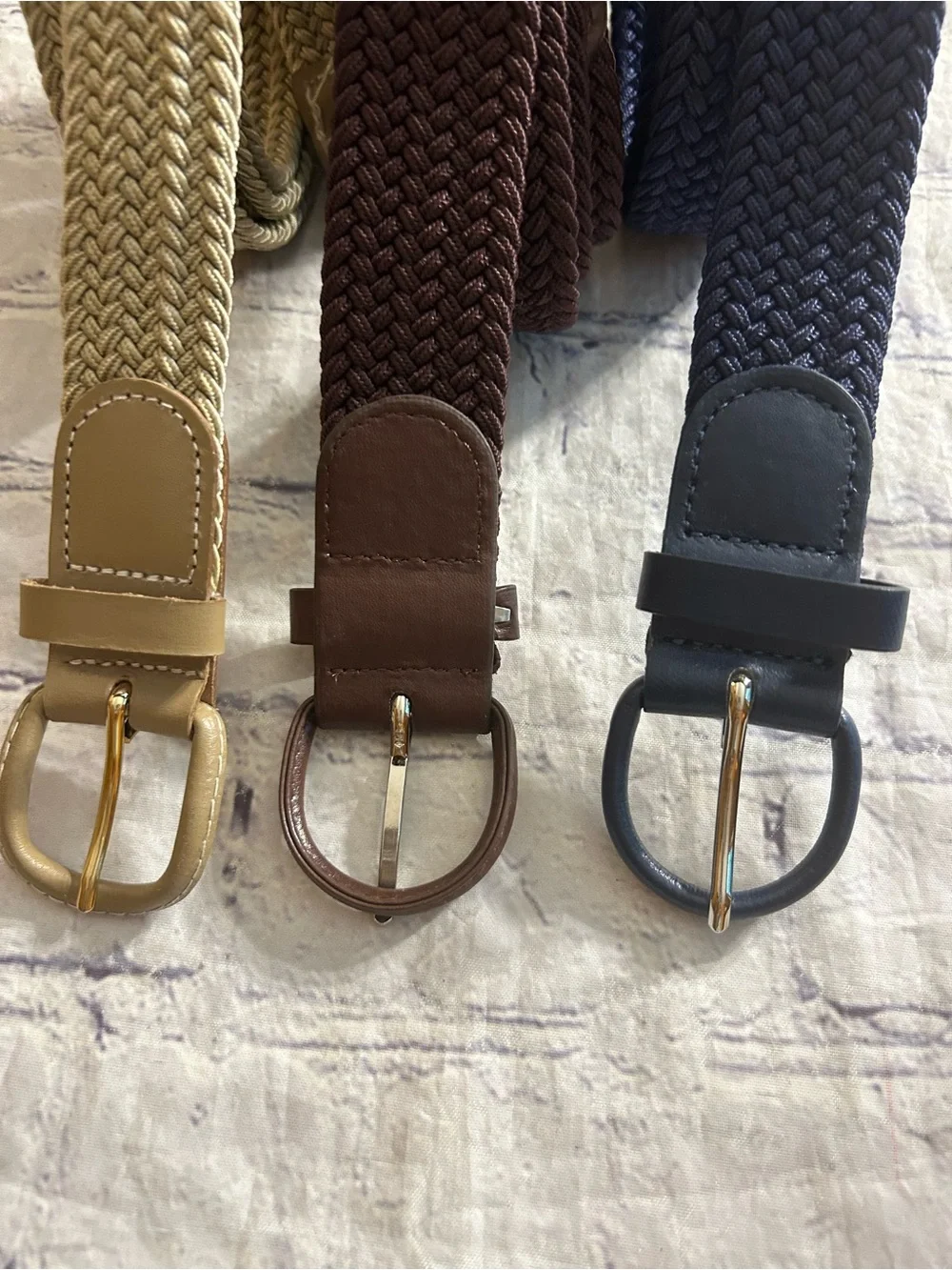 LOT OF (3) VINTAGE MENS STRETCH BELTS NAVY/BROWN/TAN COVERED BUCKLES SIZE LARGE